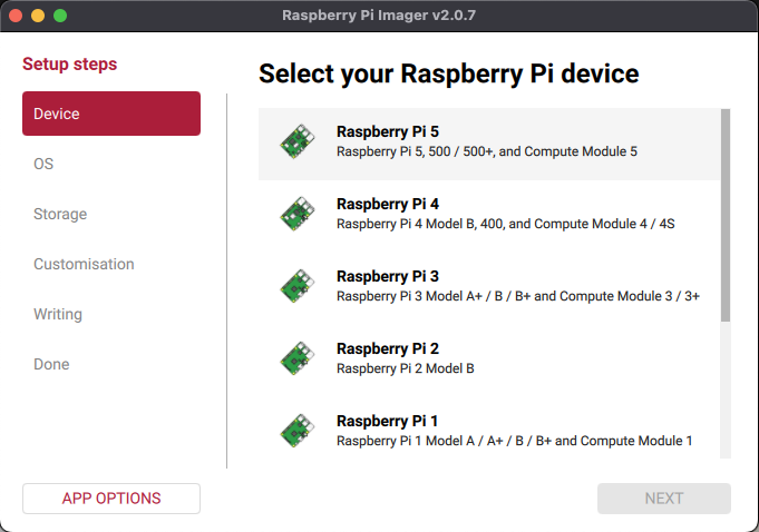 Raspberry Pi Imager device list with Raspberry Pi 4 and Raspberry Pi 5