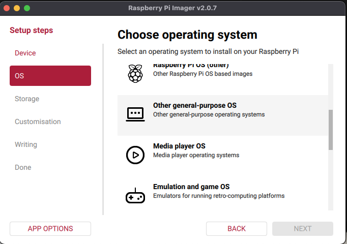 Raspberry Pi Imager OS list showing Other general-purpose OS