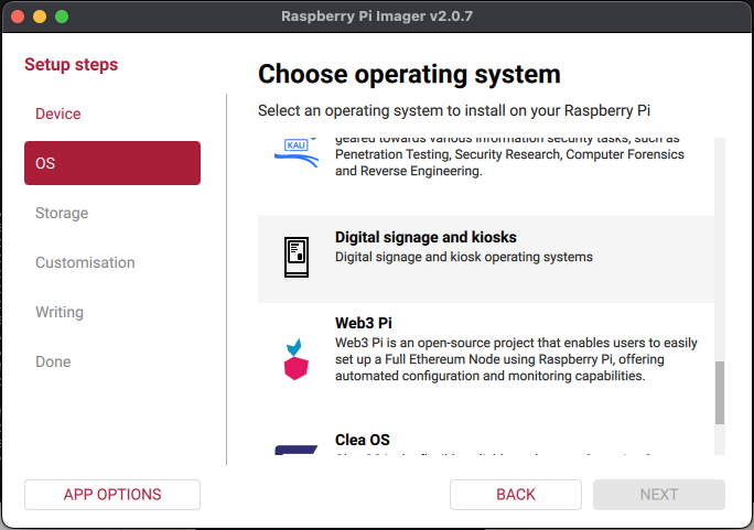 Raspberry Pi Imager OS list showing Digital signage and kiosks